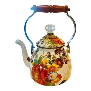 Mackenzie Childs Enamel White Flower Market 2 Quart Tea Pot Kettle